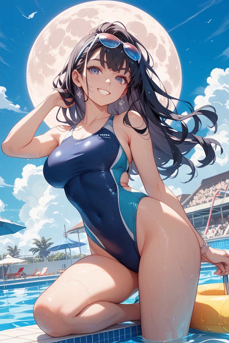 masterpiece、ultra-quality、ultra-detailliert、Perfect drawing、Solo、girl with、((Cute swimsuit))、Competitive swimsuit((High leg cut:1.5))、(round and big buttocks)、((Pose with buttocks sticking out))、(((bulging bust top)))、red blush:(0.2)、perspiring、darkskin:1.5)、(Cute smile)、18year old、blue-sky、cumulonimbus clouds、glowing sun、Swimming pool、(Shot from diagonally below the back)、beatiful backgrounds、Accurate drawing、Detailed drawing