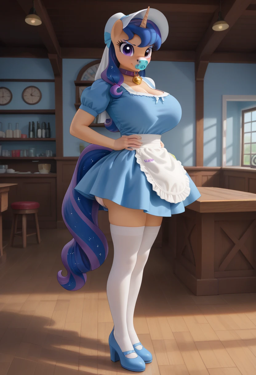 Wearing a small see through apron stands in front of a table, side boob from the apron , apron, solo focus, blue eyes, naked apron, nude, looking at viewer, indoors, long hair, massive breasts with their huge thickness, juicy appearance, gigantic cleavage, covered nipples, blue hair, extremely gigantic thick thighs which lead down to her ultra-gigantic hips adorned by beautiful curvy lines, thick waist before culminating in ultra-gigantic breasts that demand attention wherever she goes, sexy thick thighs all the way up through her extremely massive curvy ass cheeks, hot and full wet body 
