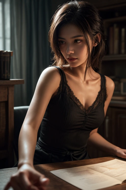 from above, beautiful woman, tanned skin, sit on a desk, arms raised above the head, (legs split), (legs split), Office clothes, long sleeve, (Rock), panties, (knee socks), heels, Decollete, messy bun, blush, sexy Pose, Office, setting sun, big windows, hyper realism, depth of field, cinematic lighting, uhd, masterpiece, High details, good quality, highres, 16K