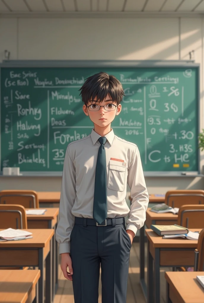 Boys studying at desks,There is a blackboard in front of you