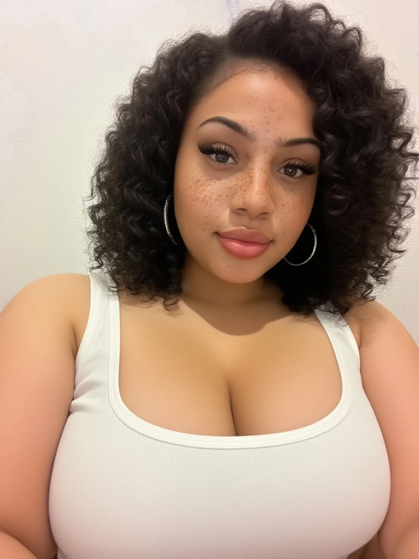 there is a woman laying in bed with a cell phone, taken in the early 2020s, profile image, around 1 9 years old, selfie of a young woman, 18 years old, alanis guillen, headshot profile picture, profile pic, 30 years old woman, 3 0 years old woman, her face framed with curls, Big tits, huge tits, no clothes, sexy, cute, minimal clothes, thick, bbw, chubby stomach, thick nipples, nipple piercings, large areola, hard nipples, piercing through shirt, nipples hard through shirt, busty, major cleavage, naked, ripping through top, spilling over sides, bra too tight, giant tits, extra wide hips, upper body zoom in, showing off huge , fat stomach, see through top, fat bbw, large areola showing, major cleavage, latina, down to stomach, wide hips, sexy, upper body zoom, thick arm, showing off , top half only, showing only upper, only a bra, showing off cleavage, naked huge 