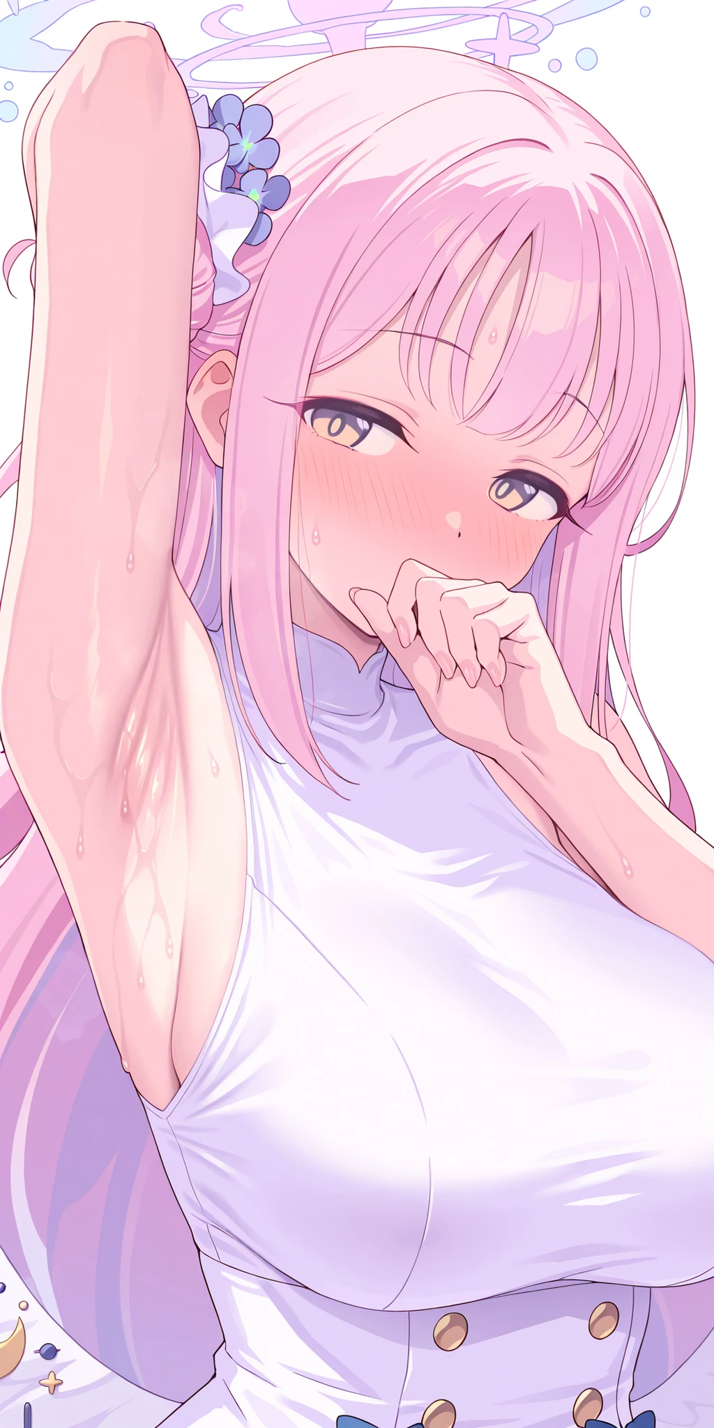 One girl, Shikimori-san, Pink Hair, Long Hair, blue eyes, Hair between the eyes, bangs, blush, compensate,Embarrassed,chest, Black sweater, Bare shoulders, No sleeve, skirt, View your viewers,Bare Belly,Sit with your feet together,masterpiece, Highest quality,nsfw,Alley, 1 boy, penis, handjob,