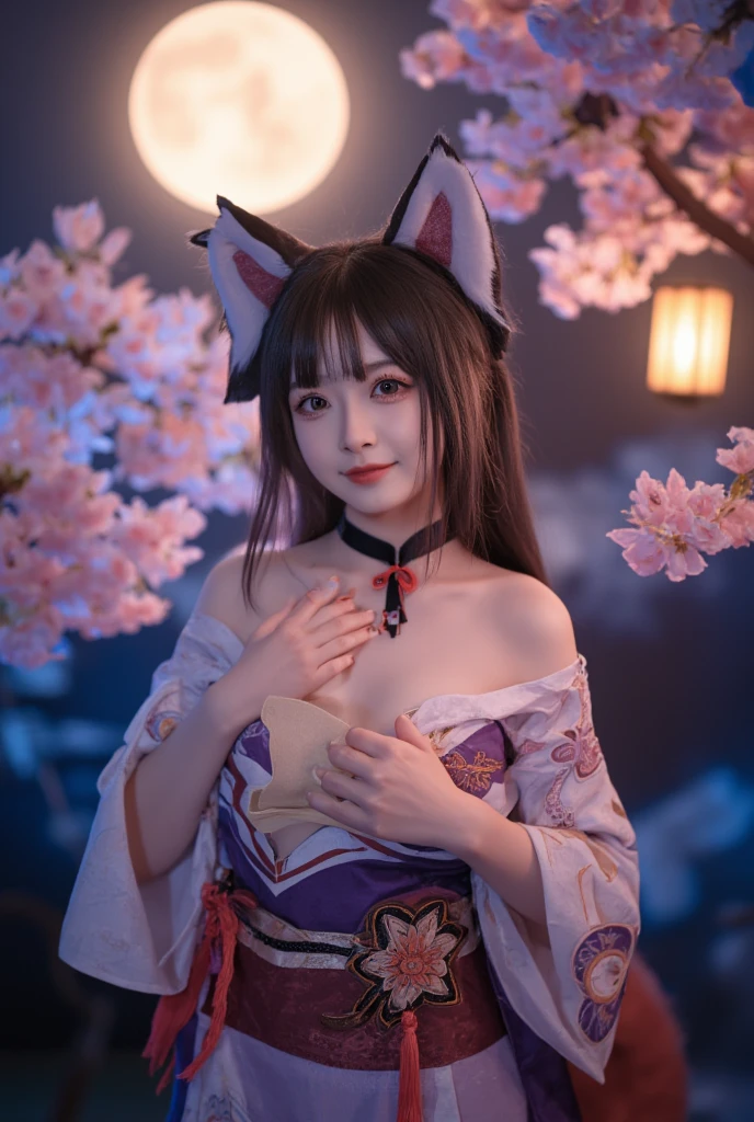 a young woman (larged-size-chest) cosplaying. She has large, fluffy brown and white fox ears, and her hair is short, brown with hints of red, and styled in a slightly messy way that frames her face. Her eyes green color. She wears an intricate costume featuring a mix of red, white, and brown, with golden accents and ornate patterns. The top part of her outfit exposes her shoulders, and a red ribbon ties around her neck. She holds a fan or similar object in her hand, which is partially obscured by her costume. The background consists of a traditional wooden room with large windows, soft lighting, and some decorative elements like wooden furniture and plants. The overall atmosphere is warm