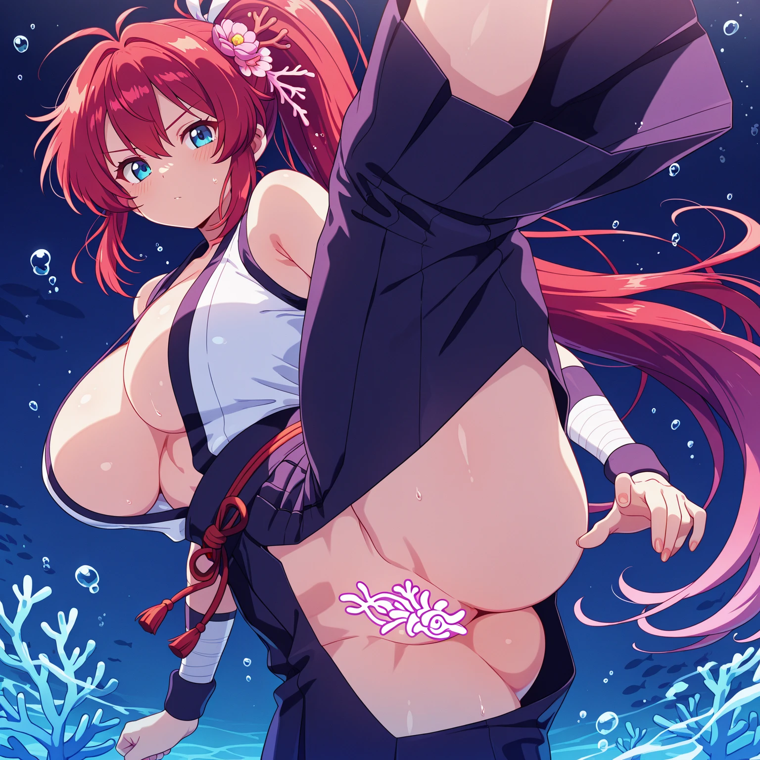 score_9, score_8_up, score_7_up, source_アニメ, sakimiya iruka, red hair, green eyes, one side up, medium hair, green scrunchie, hair ornament, shiny skin, rating_explicit, large breasts, large ass, o-ring bikini,(embarrassed, cry), (tears:1.2), shout,(sweat:1.3), (steam on body, heavy breathing), (trembling:1.2), drooling,(pussy juice, Squirting:1.5), wet pussy, orc,1man, (man's hands:1.3), (open vagina:1.5), (Put your finger in your pussy), pole dance, on stage,