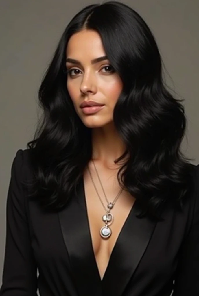 A magazine cover in which the girl is modeled in a long, elegant black dress and has black hair and curls and is neither brunette nor white.
