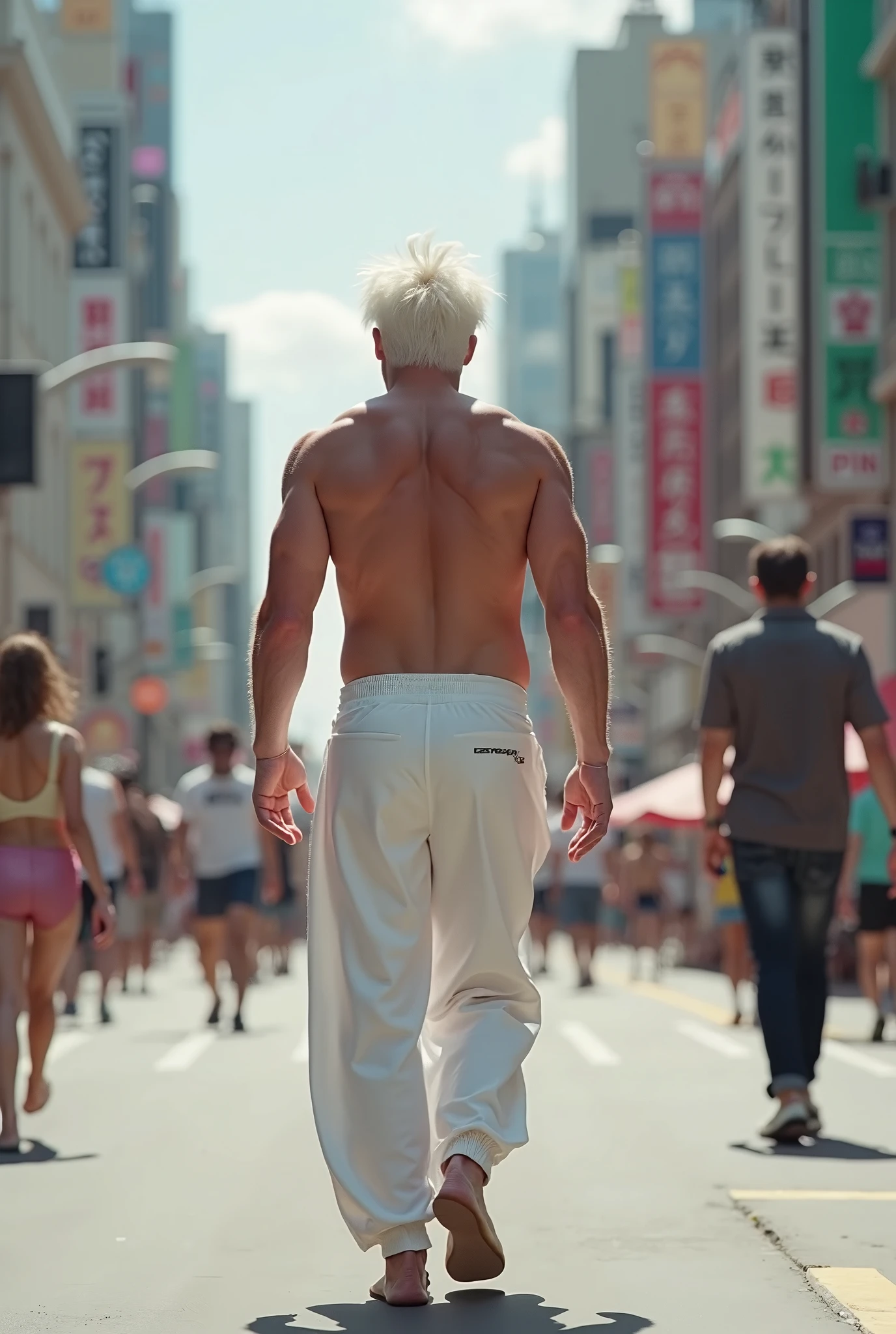 A blonde man in his 40s with a beard is photographed head-on doing the splits while completely naked.。short hair。Shibuya Station。many spectators。