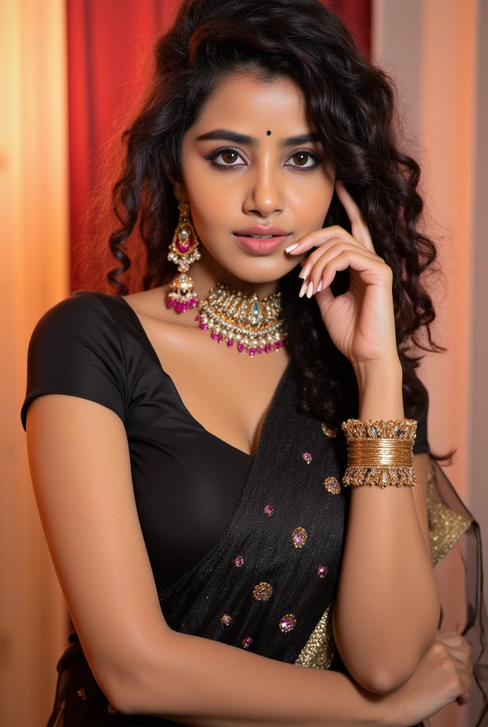 Create an ultra-realistic image of a stunning young woman of Indian descent, aged between 27 to 30, posing elegantly in traditional attire. She should have a warm and inviting smile, expressive almond-shaped eyes with a slight shimmer, and clear, glowing skin with a medium brown complexion. Her features should be well-defined, with high cheekbones and a sharp jawline. Her hair should be long, thick, and wavy, with a natural shine and bounce, styled in loose waves.
She is dressed in a black blouse with sheer, embroidered sleeves, and a vibrant pink lehenga with intricate detailing. Her makeup is flawless, with well-defined eyes, soft pink lips, and a natural glow. She wears a delicate maang tikka and earrings that add a touch of traditional charm. The background is softly lit, creating a warm and intimate atmosphere.
Her expression is calm and composed, with a slight tilt of her head resting on her hand, exuding grace and poise. Her overall appearance should exude confidence, approachability, and sophistication, capturing the essence of a contemporary Indian fashion influencer in traditional attire.