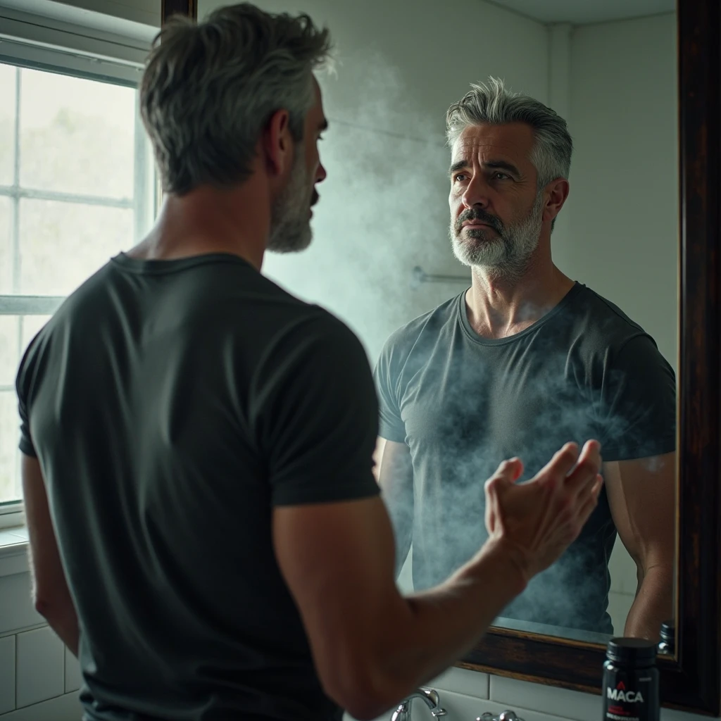 a dark man ,a little chubby, with shaved hair, He goes to the bathroom without a shirt to shave his beard
