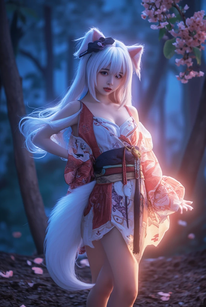 Beautiful Goddess（1 person）、White Fox Incarnation、It has nine tails、Beautiful woman、kimono、Trained muscles、Big Breasts、Gray Hair、Muscular body、Japanese Shrines、Cherry Blossoms at Night、full moon、8k、Realistic