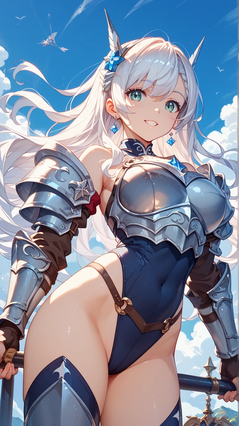 (Adult female:1.5)、Very detailed、highest quality、Best image quality、masterpiece、8k、Anime Face、A kind smile、(Open your mouth:1.3)、Sparkling blue eyes、(Blonde Wavy Hair:1.5)、Muscles of the whole body、(highleg:1.5)、Thigh belt、(Wearing white bikini armor:1.5)、(Cowboy Shot:1.5)、(foot armor:1.5)、(Put on a helmet:1.5)、(SFW Giant:1.3)、Waist armor