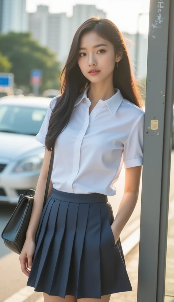 (((Realistic photograph))),, Portraiture, (Scary face:1.3),, beautiful girl, View your audience, , (school uniform:1.2), Buttoned shirt and trousers, , (Cleavage:1),, On the streets of Japan, (Environment details:1.3),, (RAWphotograph, CG unity, photograph, ultra Realistic details, Sharp focus, Detailed skin,4K, High resolution, masterpiece, Highest quality, Realistic, Vibrant:1.2),, (8K,4K, 超High resolution, High resolution, Professional, movieのような, movie, dramatic),, (Anamorphic depth of field blur background), Detailed Background,