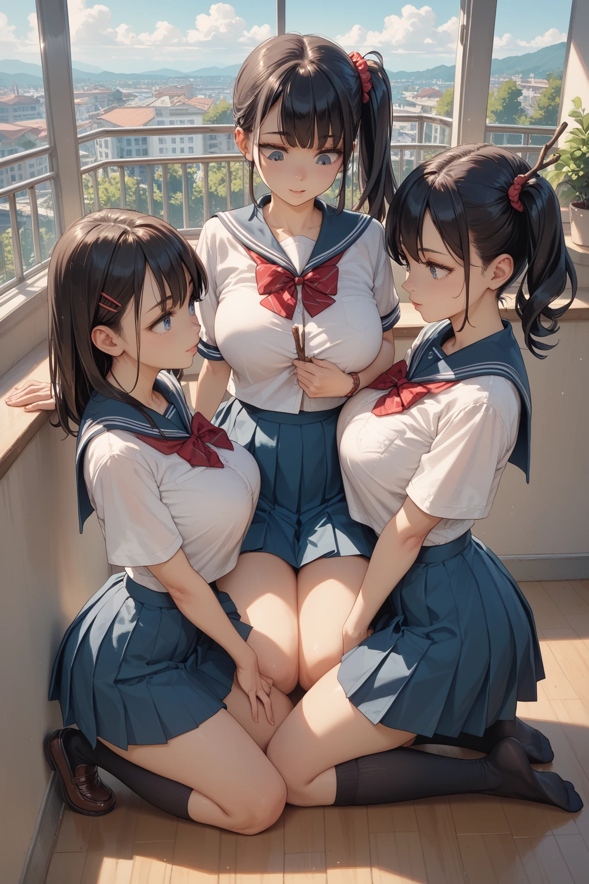 (Cute eyes:1.2), (Colorful eyes:1.2),(Beautiful Eyes:1.2), Highest quality,wonderful,finely,Highly detailed CG Unity 8k wallpaper, (The three of them lined up and hugged:1.2),(Three people with different physiques:1.3), (Three Girls, Sailor suit, Dressed), (Huge Tits:1.3), (Open your mouth:1.1),(White knee socks:1.4),(Plump thighs:1.5),(Waistline:1.2),(同じSailor suit:1.4),(From behind:1.2),(Beautiful eyes:1.2),(Different hairstyle),(All three have different eye colors:1.2),(All three have different skin colors:1.2),(Don't wear skirts:1.3)