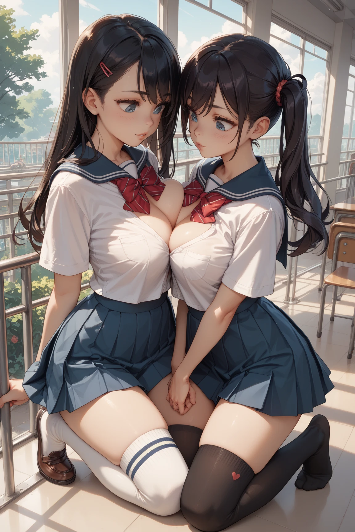 high-definition images, atmospheric perspective, 8k, super detail, accurate, best quality, two girls lined up, double shot, two women, ((sailor suit:1.4)), ((show pussy)), spread pussy, ((2girl : 1.5)), (different hair style:1.3), (different face:1.3), open mouth, open legs, , (ecstasy face), (drooping eyes, blush sleepy), slut, (showing off her areola), masturbation, ((hair up)), outdoor, in forest, crouching on grass, spread legs, 8K, masterpiece, perfect legs, perfect body, anatomically complete, natural pause, balanced body, skirt lift, natural, 2 legs, 2 hands, show ass, ((open clothes:1.5)), navy blue skirt, , two girls lined up, Both of them have their clothes open,  two girls lined up ((line up the hips)), 1girl is black hair, 1girl is brown medium hair, ((large breasts)), cute face, natural, (white pendant), female public hair, Both of them have their clothes open, one small pussy, natural skin, turn around and show your face, ((looking at viewer)), no extra legs, no extra hands,