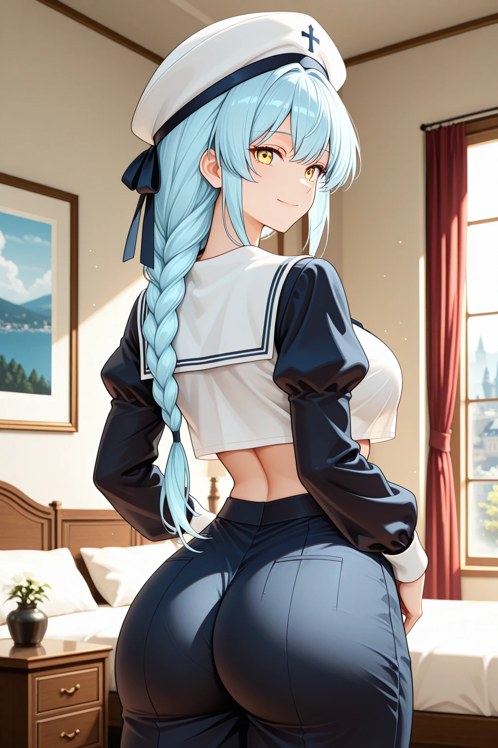 (masterpiece, best quality:1.2),illustration,absurdres,8k,hd,1girl,solo,cowboy shot,janus (fear of changing...clothes) (azur lane),adjusting clothes,ass,blue eyes,blue hair,braid,hat,looking at viewer,looking back,mirror,navel,revealing clothes,sailor collar,school bag,school uniform,very long hair,white headwear,white pantyhose,white shirt,<lora:Janus(azur)>,