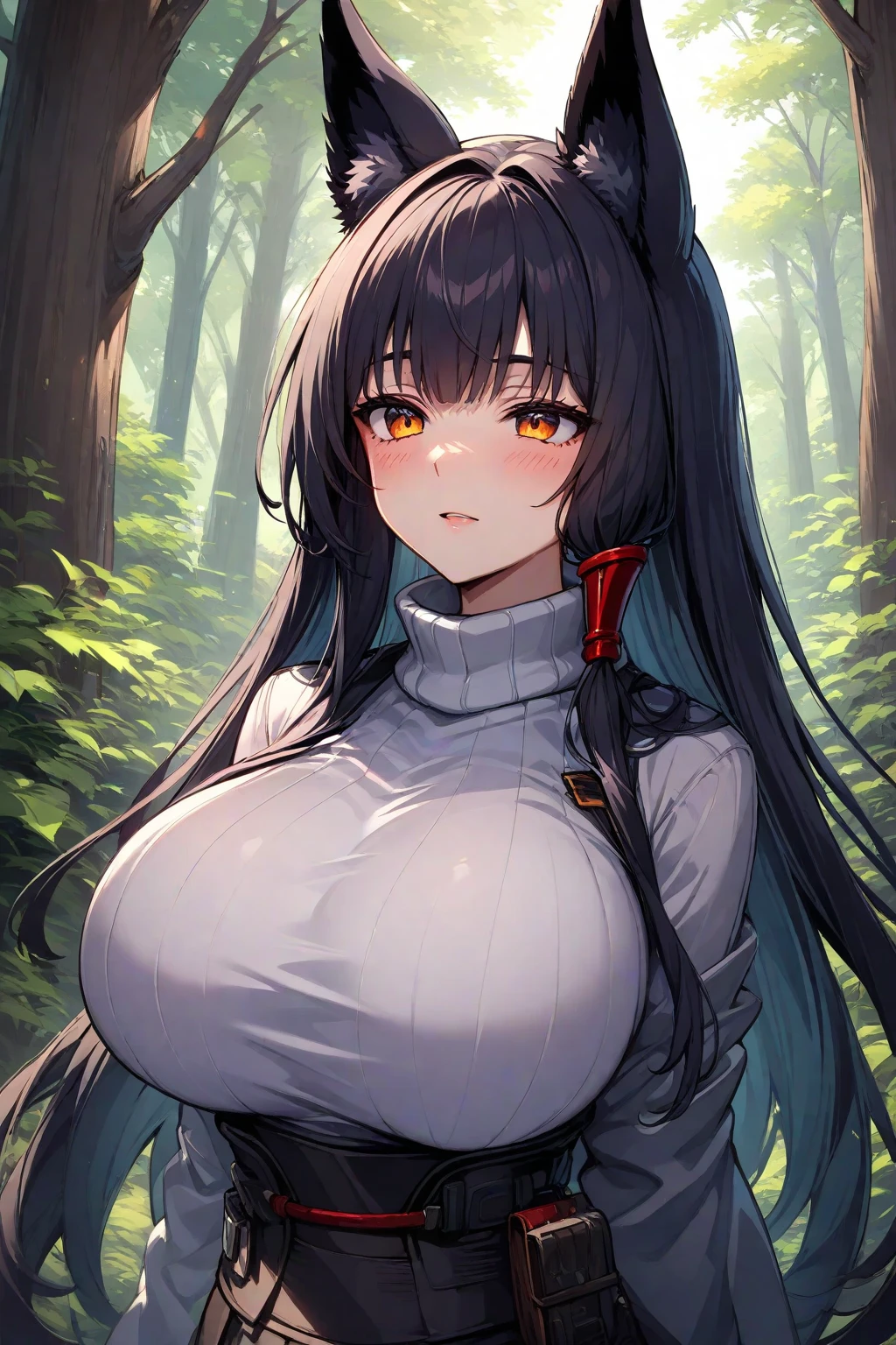 Watching the sunset from the top of a mountain on a cloudy day、A girl with big breasts and black hair in pigtails