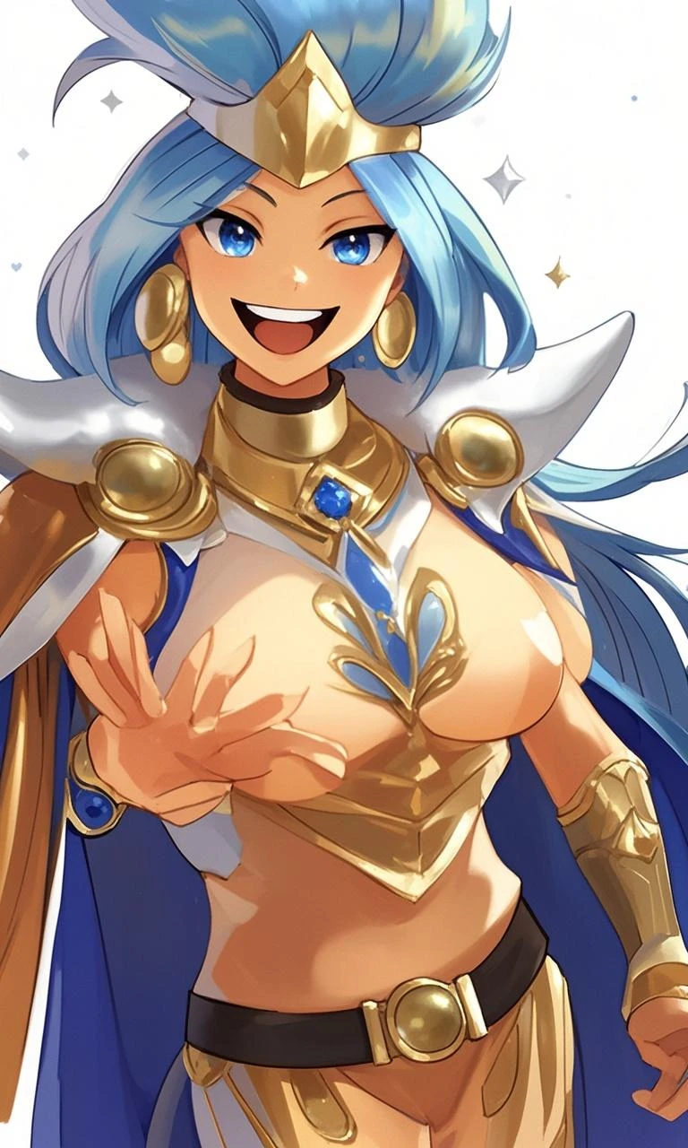 Lian, light blue hair, hair stick,bangs,blue eyes, solo, smiling, standing, upper body, hips, bare shoulders,purple thighhighs,red dress, gold jewelry,armor,gloves,circlet, cleavage, red and gold royal castle, gigantic breasts, (best quality, masterpiece, beautiful and aesthetic:1.2, highest detailed face, perfect face,) eyes, perfect face,expressive eyes,
looking at viewer, in the center of the image,(Upper_body),(Focus on her face),
official art,extremely detailed CG unity 8k wallpaper, perfect lighting,Colorful, Bright_Front_face_Lighting,shiny skin,
(masterpiece:1.0),(best_quality:1.0), ultra high res,4K,ultra-detailed