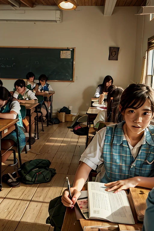 Classroom, many children, a 60-year-old teacher,wearing white lab coat, simple art inspired by the visual style of the ghibli studio, baroque oil painting anime key visual full-body portrait concept art, grimdark brutalist costume, noble dictator kuudere, pixiv fan box of trend, rule of thirds golden ratio, by greg rutkowski wlop makoto shinkai takashi takeuchi studio ghibli jamie wyeth --auto --s2