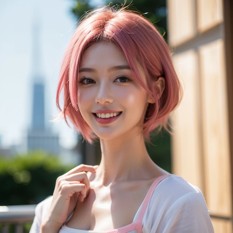 <lora:lixiaoran_v01:0.8>, 
 (8k, RAW photo, best quality, masterpiece:1.2), (realistic, photo-realistic:1.37), omertosa,1girl, blurry background,lake, sunlight,professional lighting, photon mapping, radiosity, physically-based rendering, backlight bokeh, blurry background,smile, mature,((black choker)), red lips, student ,((lights shinning on the face))
head portrait
,
sunlight, ((outdoors)) ,((light shinning on the hair))
short t-shirt,hoodie,
((bob haircut)), ((floating hair)), pink hair,wavy hair, glowing hair,
135mm lens,,big breast,red lips