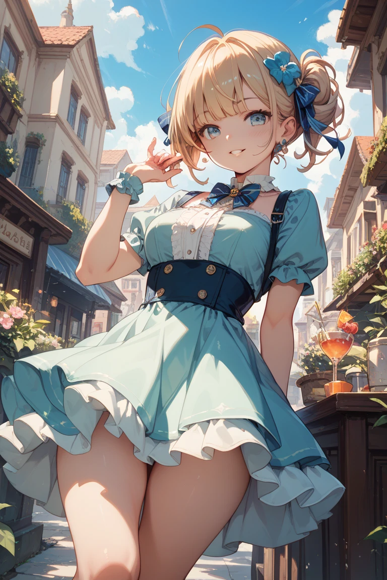 top-quality、​masterpiece、The upper part of the body、
(Adults:1.6)Ukrainian women、(a smirk:1.4)、
braided blond hair、
emerald eyes、
Medieval sundress、
 Suspended light particles、central、