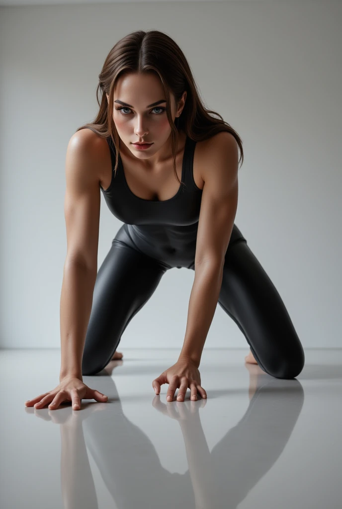 18 year old Emma watson, shiny leggings, shiny sports bra, bdsm, on her knees, boot on woman, slim body, flat stomach, six pack abs