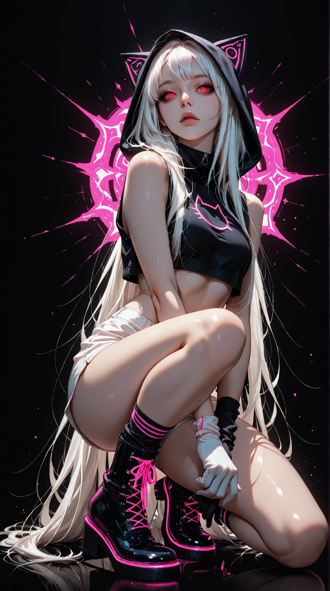1girl, Angle from below:1.8, The girl bends forward to show off her breasts、legs apart, (Blade), (Tanned shiny black skin:1.6)、Glowing Eyes, ((Sexy evil grin)), (10 years old girl), rainbow color hair、Twin tails、forehead、breasts, pink rips, cape, ((((arabian white clothes, see-through)), (headband), ((Ripped jeans)), small breasts, (jewelry))), ((City)), ((focus crotch)), (crotch), ((sneaker)), ((girl on top)), Angle to look up at the crotch、