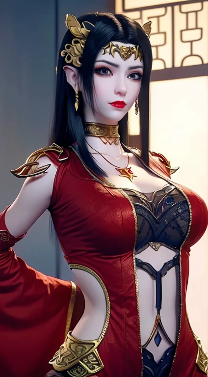 (UHD, retina, masterpiece, accurate, anatomically correct, textured skin, super detail, high details, high quality, best quality, high res, 1080P, HD, 4K, 8k, 16k), (beautiful detailed eyes, beautiful detailed lips, extremely detailed eyes and face), soft lighting, physically-based rendering, vivid colors, (large breasts:1.5), (portrait, shiny hair, shiny skin), eye reflection, (bokeh, temple, moonlight:1.5), (red dress, dragon robe, dragon corner, dragon wings, dragon tail:1.5), (green hair:1.2), bob cut,