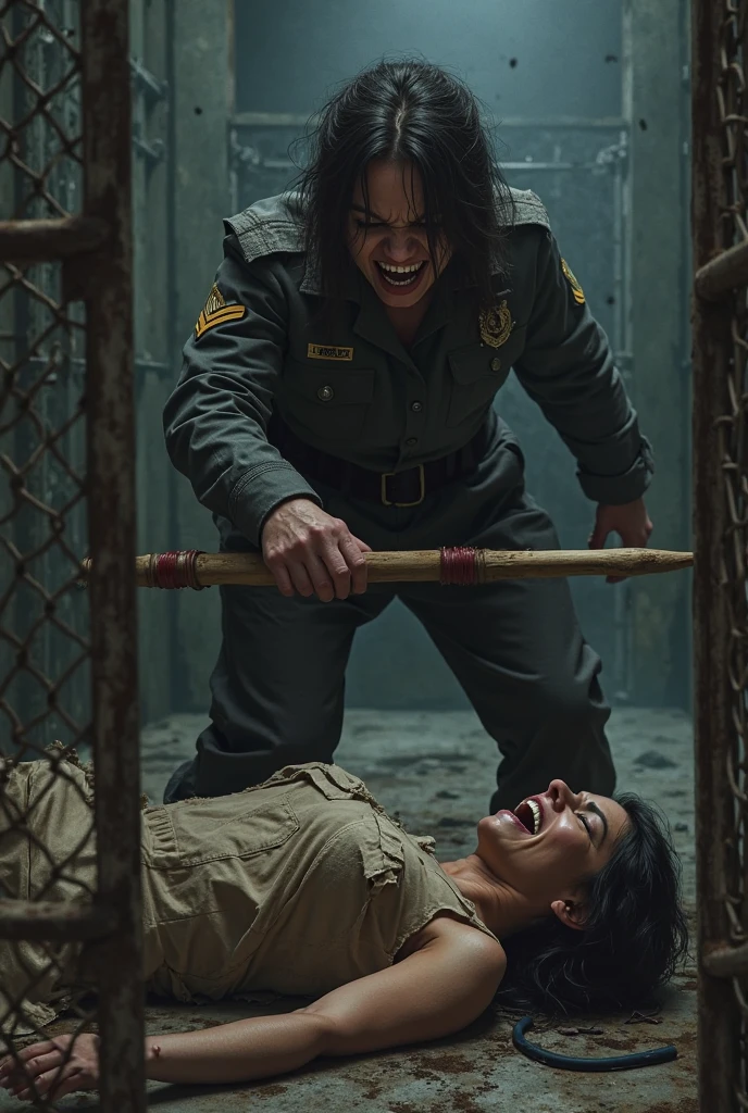 Indonesia A beautiful young Woman knife cut throat A boy soldier neck bloody splash, blindfold, full body, wide open throat, throat contents