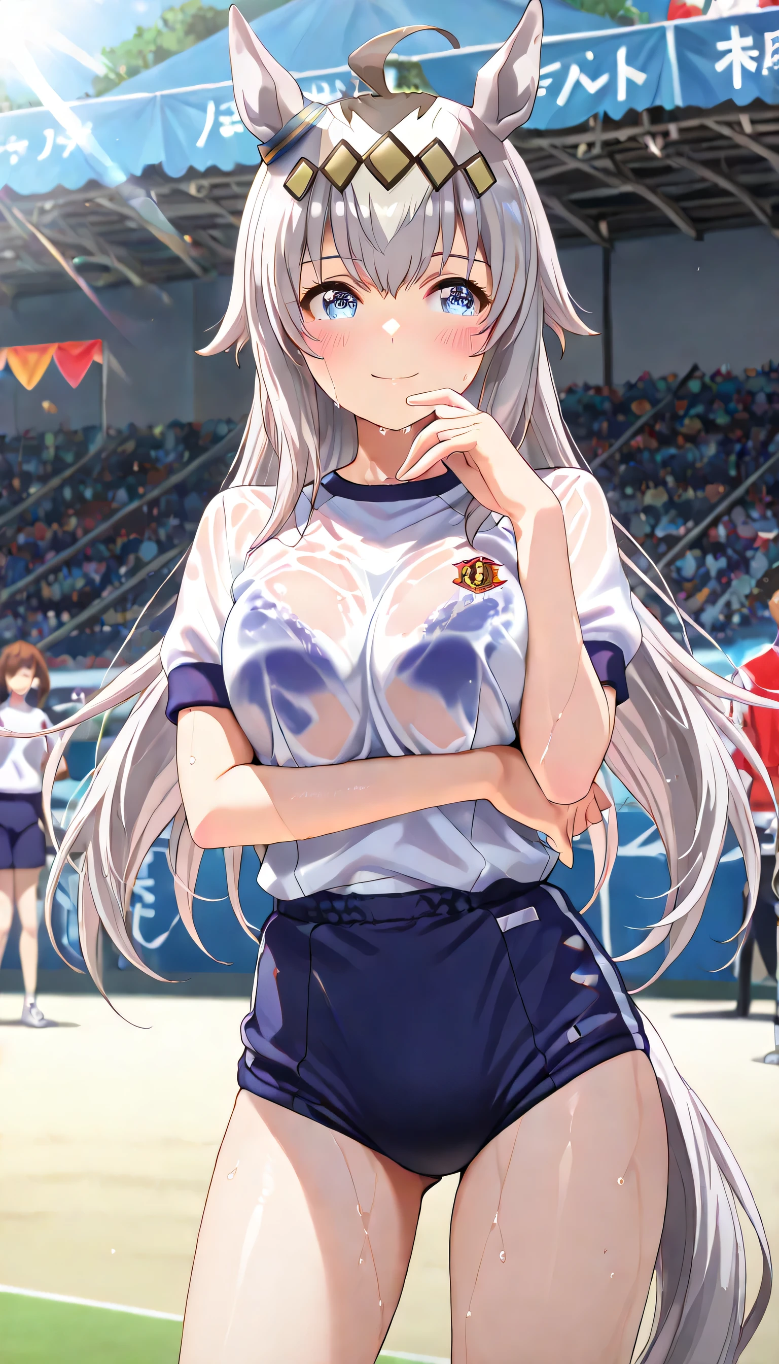 ((ultra-detailed)), (highly detailed CG illustration), (best quality:1.2), ultra-highly detailed, colorful composition, artistic photoshoot, 1girl, solo focus, cowboy shot, moe anime character, girl, dainty facial structure, round face, rounded chin:1.2, short height, Oguri Cap, \(umamusume\), Oguri, long hair, horse ears, grey hair, ahoge, horse tail, blue eyes,multicolored hair, ample breasts, white short sleeve gym uniform with Navy blue rim:1.3, navy blue school gym buruma, sweat:1.2, wet clothes:1.2, smile:1.3, blush:1.3, reached arm, Standing at the racetrackl:1.3, from front:1.2, dynamic pose, contrapposto pose:1.3, best quality, expecting, pink cheek, blush, light pink gloss slip, portrait, depth of field, sparkling sunlight, lighting, backlighting, shine, lighting, caustics, ray tracing, perfect face, lustrous skin, highly detailed face, highly detailed eyes, perfect face, perfect nose, perfect hair, perfect eyes, perfect anatomy, beautiful hair, beautiful small face, extremely detailed face, beautiful detailed eyes, beautiful clavicle, beautiful body, beautiful ample breasts, leavage, breasts squeezed together, equalize the size of the left and right breasts, beautiful thin thighs, beautiful legs, beautiful fingers, (4 fingers), 1 thumb, lovely, (very detailed background:1.0), (highly detailed background:1.0), summer aesthetic, intricate details, festival atmosphere, summer colors palette, chromatic aberration