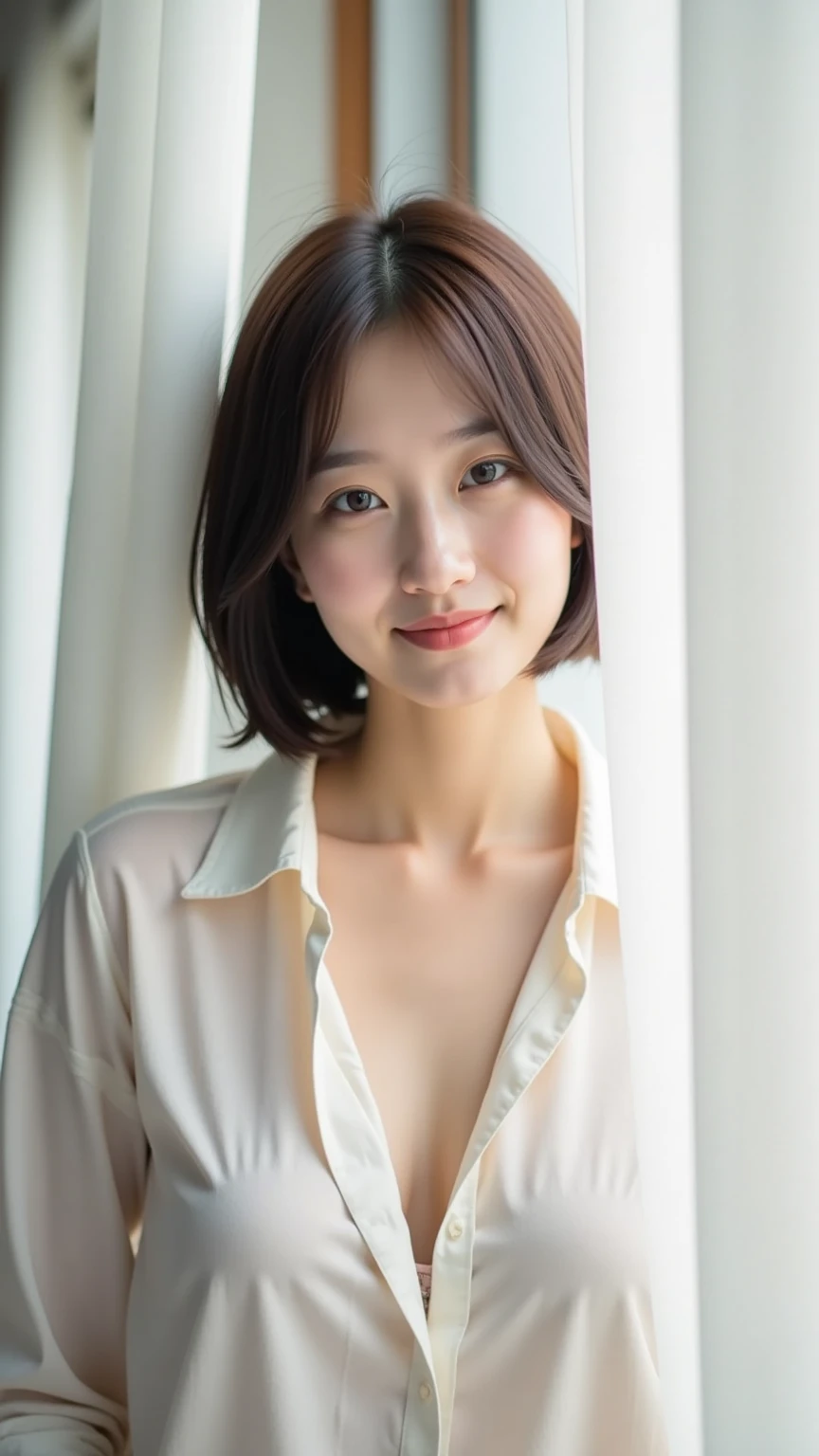 ((masterpiece)), ((Highest quality)), ((Complex)), ((Surreal)), (Realistic), (Mature Woman), ((There are no classes)), Very detailed, (1 female), Beautiful and exquisite, (Beautiful Teeth), Grin, Brunette Bob Hair, Brown eyes, ((blouse)), (Upper Body), (background:none), Perfect Eyes, Captivating eyes, Looking at the audience
