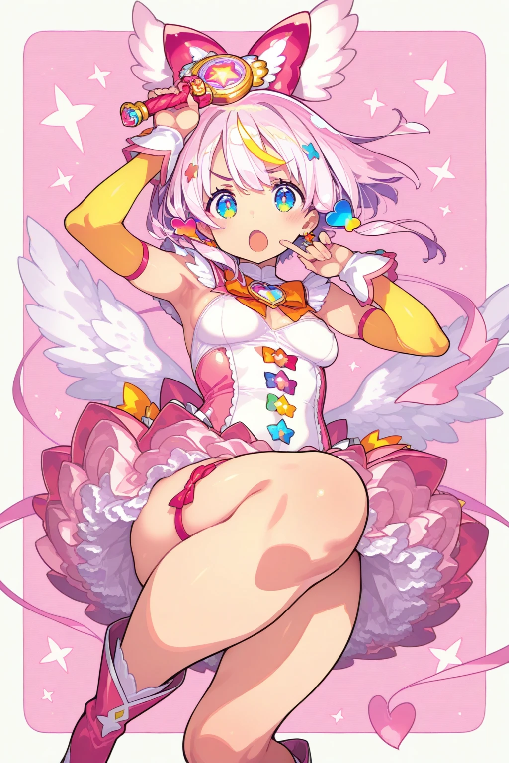 super girl elementary school student, masterpiece, highest quality, abstract, psychedelic, neon, (honeycomb pattern), (creative:1.3), fantasy 00d、Spreading black hair、bob cut with trimmed ends、flat chest、thin crotch、lolicon、belly button、High-leg style、white cloak with pink pattern、pointed nipples、white panties、(((squat)))、transparent clothes、A lot of pink hearts pop out from the crotch..、Underwear that has dug in、((A large amount of love juice drips from the crotch))、puddle at your feet、Open your、take off、scream desperately、white beret、Spread your shining seven-colored wings upwards、(((Raise your hands above your head)))、Throw back at sexual climax