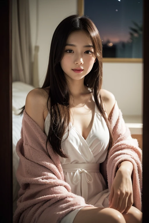Best-quality, Masterpiece, Ultra-High-Resolution, (Photorealistic:1.8), Raw-Photo, 1girl, the most popular Japanese idol, wearing gorgeous-bathrobe, relaxing on gorgeous-sofa, looking at viewer, (extremely cute face like the most popular Japanese idol, ((extremely beautiful big-black-eyes)), extremely beautiful hair, extremely beautiful realistic-skins), extremely beautiful breasts, extremely beautiful long-eyelashes, extremely beautiful lips