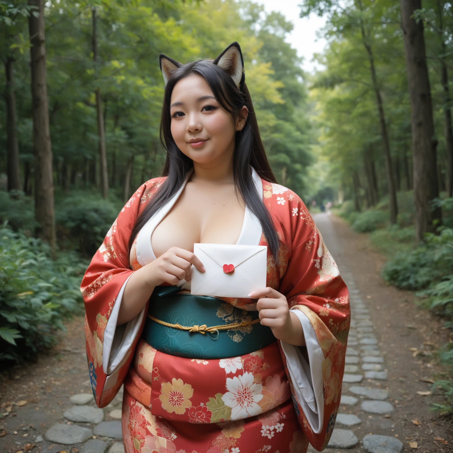 One Girl, Fox Girl, Nine-Tailed Fox,Fox Ears, Black colored hair, Fox Makeup, Kimono with open chest, Body size is 100-70-90!, Nice body, Avatar, face, Open chest, lewd face, Dominant representation, naughty face, Big Breasts, Emphasize cleavage,Show bare skin, Skin is visible, With legs apart, Show off your thighs, M-shaped legs, A beautifully patterned kimono,Red and black flowing water pattern kimono, I can see her cleavage, Muscular, Uplifting, Abdominal muscles, Exposed skin, Long Hair, Skin Texture, Soft breasts, Large Breasts, Standing in a grassy field, outside, Blue sky,Composition facing directly ahead, Grab your breasts with both hands, Fingers digging into breasts, Developmental atmosphere, god mysterious painting