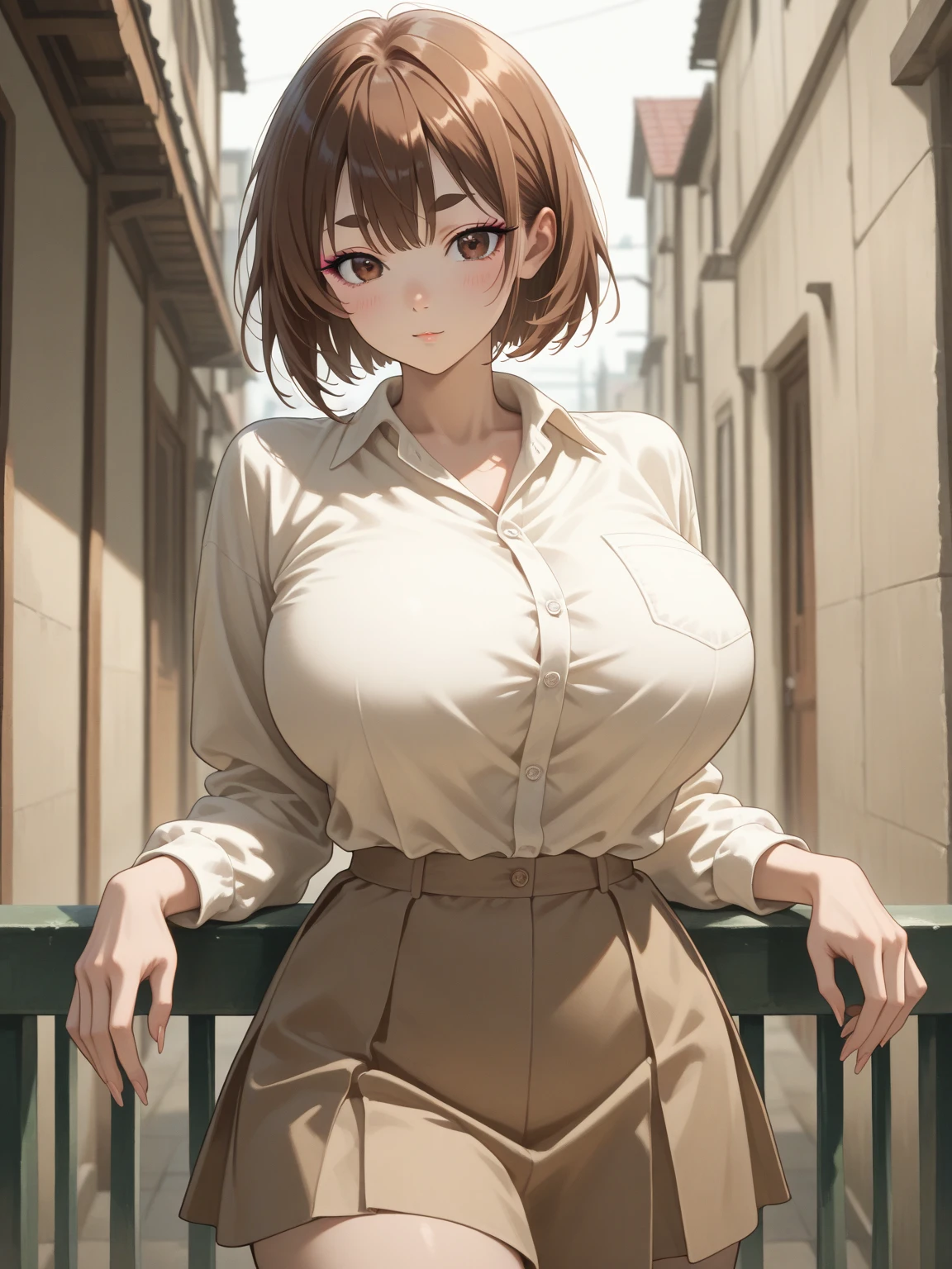 1 girl, game CG, sleeveless brown clothes, short slit skirt, neck ribbon, bangles, gigantic breasts, brown hair, short hair, brown eyes, POV, smile, full body, outdoor,