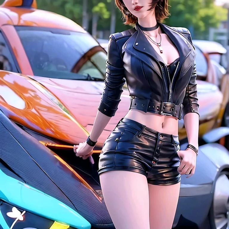 (8K, RAW photo, highest quality, masterpiece:1.2), (realistic, photo-realistic:1.37), (whole body:1.3) (become familiar with), (High resolution), ultra realistic, hyperrealistic, 20 years of high-definition RAW color photos.o woman, young female,beautiful face, (high become familiar with face),looking at the viewer, perfect face, young, become familiar with hair ,cleavage, perfect breasts,professional lighting, photon mapping, radio city, Physically based rendering, ultra-become familiar with, extremely become familiar with, beautiful become familiar with girl, extremely become familiar with eyes and face, cinematic lighting, perfect fingers, perfect hands, perfect legs, cinematic lighting, extreme details, realistic skin, Show belly, high heels,1 girl,race_Queen,(huge breasts:1.2),Clothing clippings,underboob, mini skirt, outdoor,((sportscar)),((car)),((motor Show)),smile