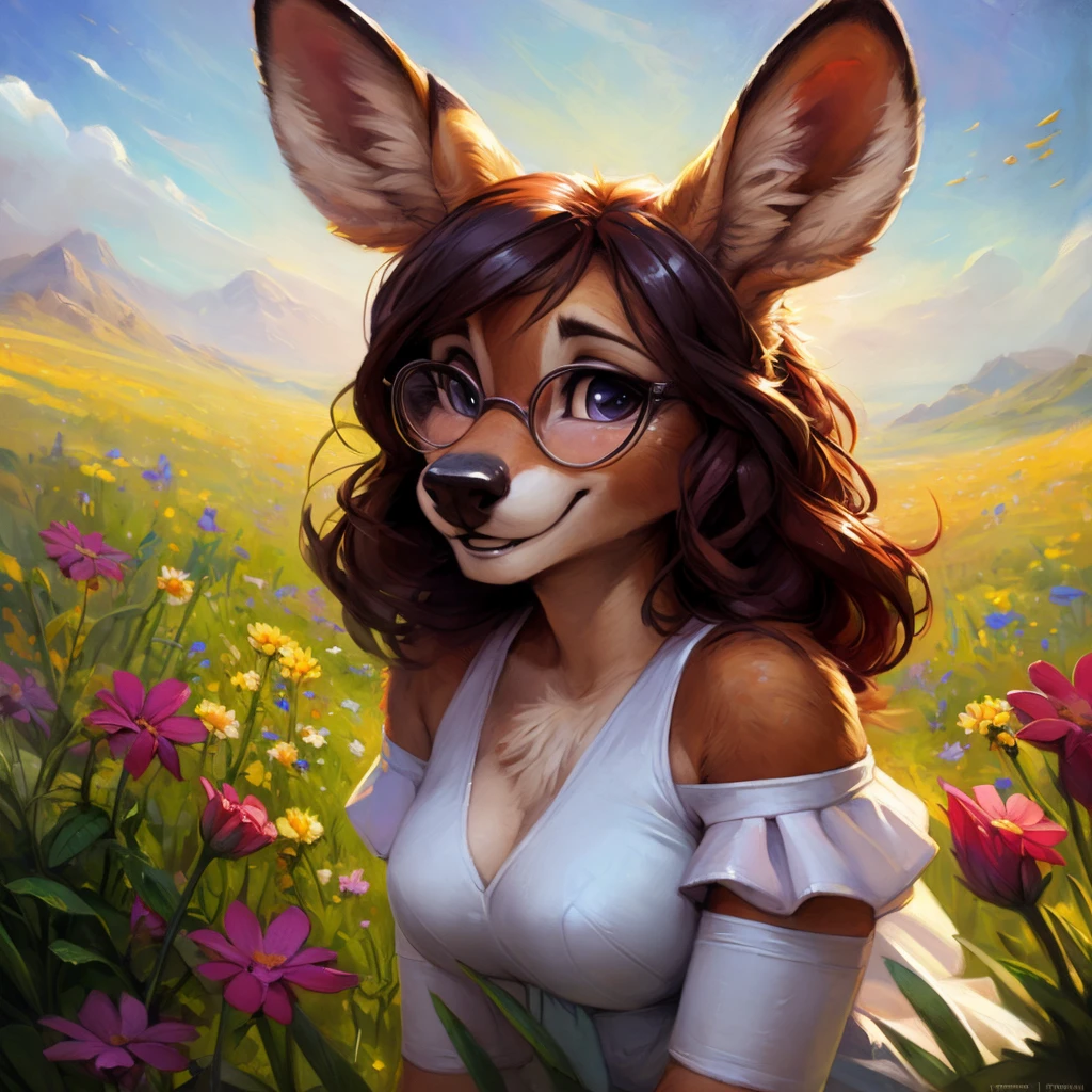 uploaded on e621, watercolor look, by Pixelsketcher, by Bayard Wu, by Thomas Benjamin Kennington , by Einshelm, by hioshiru and kenket, Chunie, portrait, solo anthro female deer doe, with small featureless breasts, clear dark blue, cinematic lighting, day, sunny day, lavender field, stays in a wildflowers field, wildflowers field background, mediterranean background, horizon background, shiny, short curly dark brown hair, wearing big black nerd glasses, very very beautiful furry art, furry art, smiling, joyful, shiny, happy, feminine, cute face, muzzle, fluffy chest, flawless face, Fallow deer, 1girl, Sakimichan is beautiful, Masterpiece, Wavethesallow Face, shiny, Detailed image, portrait, Detailed image, portrait, full body, wearing pure white short spaghetti straps dress, wearing a wildflowers wreath, shiny, realistic face, perfect anatomy, hourglass body, (furry body:1.1), anthropomorphic deer, looks at the viewer, small fluffy tail, detailed background, (cute anatomy:1.1), stands in a wildflowers field, wildflowers in hair