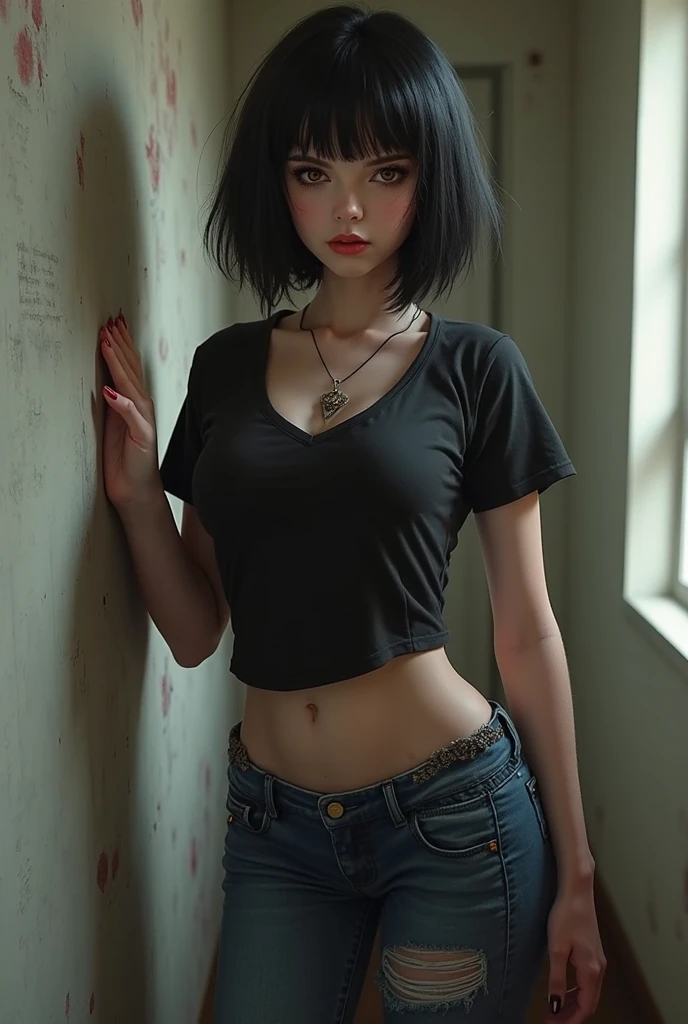 21yo girl, green hair, (bob Hair). Wearing gray t-shirts, denim short pants. natural big breast, show big thigh, plump body. Standing pose. Gray background