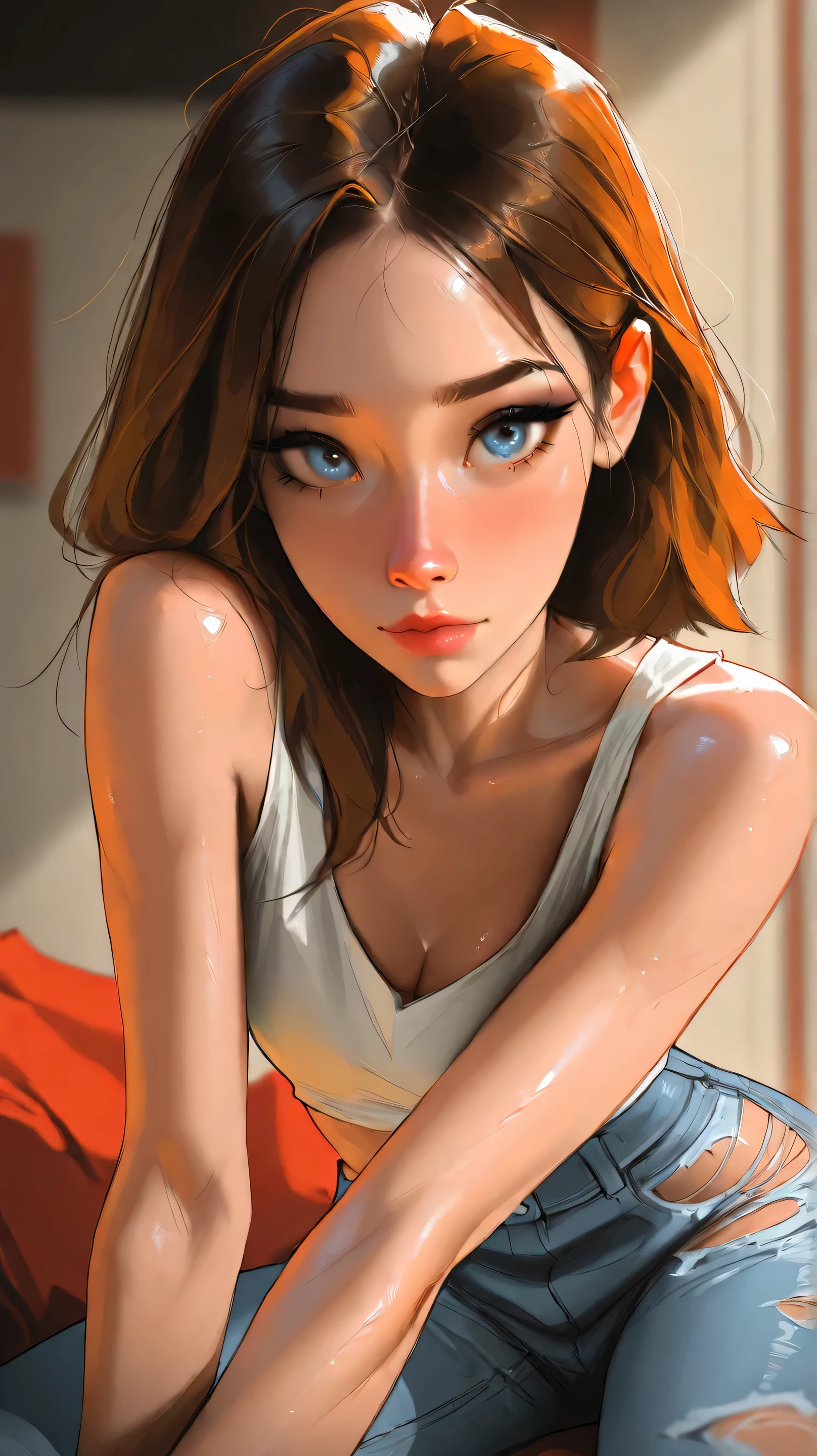TEW2Juli, 1girl, skinny, short brown hair, pale blue eyes, eyeliner, seductive, torn up baggy jeans, , sam yang, , masterpiece, best quality, very aesthetic, movie quality, depth of field, soft saturation, focused subject, ,official style, shiny skin, closeup, , ninjartist style, Riley Reid