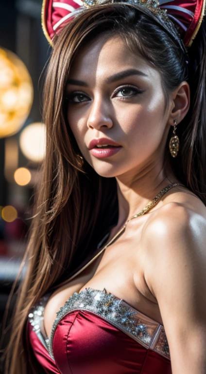 Naked girl in futuristic metal gold jewelry on naked body, girl on fituristic spacecraft, girl heave large Perfect breasts