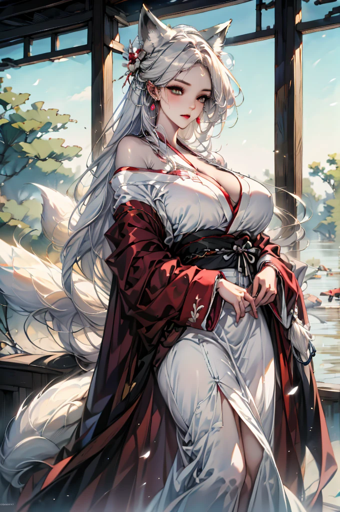 (8K, highest resolution, masterpiece: 1.4), (ultra-high definition, ultra-beautiful: 1.2), anime style: 1.2,
A beautiful woman with long white hair in a bob style and mesmerizing red eyes, adorned in an off-shoulder shrine maiden outfit. Her skin exudes a captivating gloss, giving her an otherworldly allure. Her big breasts are accentuated by the outfit, adding to her stunning beauty. She wears white fox ears and a matching tail that sway playfully as she moves. The background is a serene shrine at night, bathed in soft light, creating a dream