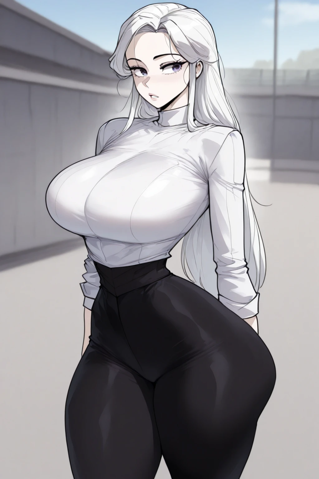 (Best quality, 4k, Masterpiece :1.3, 8k, ultra-detailed, ultra-masterpiece), mature pretty woman, ultra-detailed face, detailed lips, full lips, detailed eyes, double eyelid, wide hips, thick thighs, smooth skin, (big breasts:1.4), round breasts, symmetrical breasts, fake breasts, white hair, red eyes, ((thicc body)), tall, ((huge breasts)), casual outfit, skinny jeans and a black leather jacket over a white tank top, (Looking with disgust:1.3), (Look of disapproval, look of disgust)