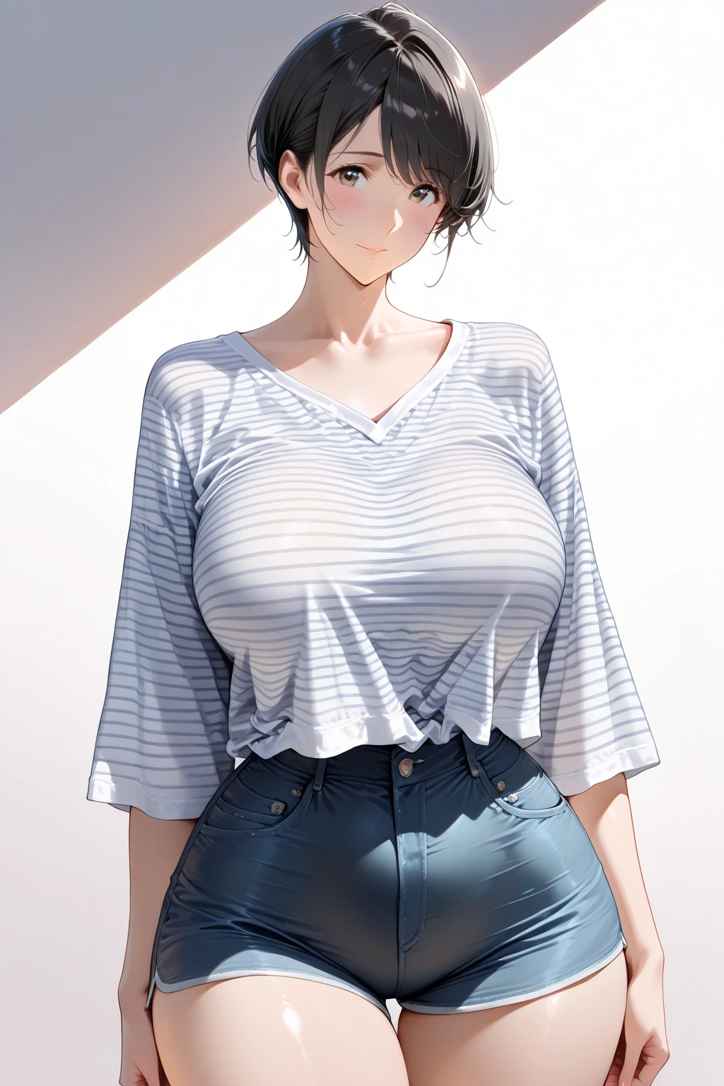 1girl, spiked hair, very short hair, yellow eyes, tan, tan skin, tan-skinned female, black hair, pixie cut, large breasts, hourglass figure, thick thighs, smile, smirk, smug, toned, white shirt, jacket, sneakers, black jacket, shirt, short pants, shorts, standing, full body
