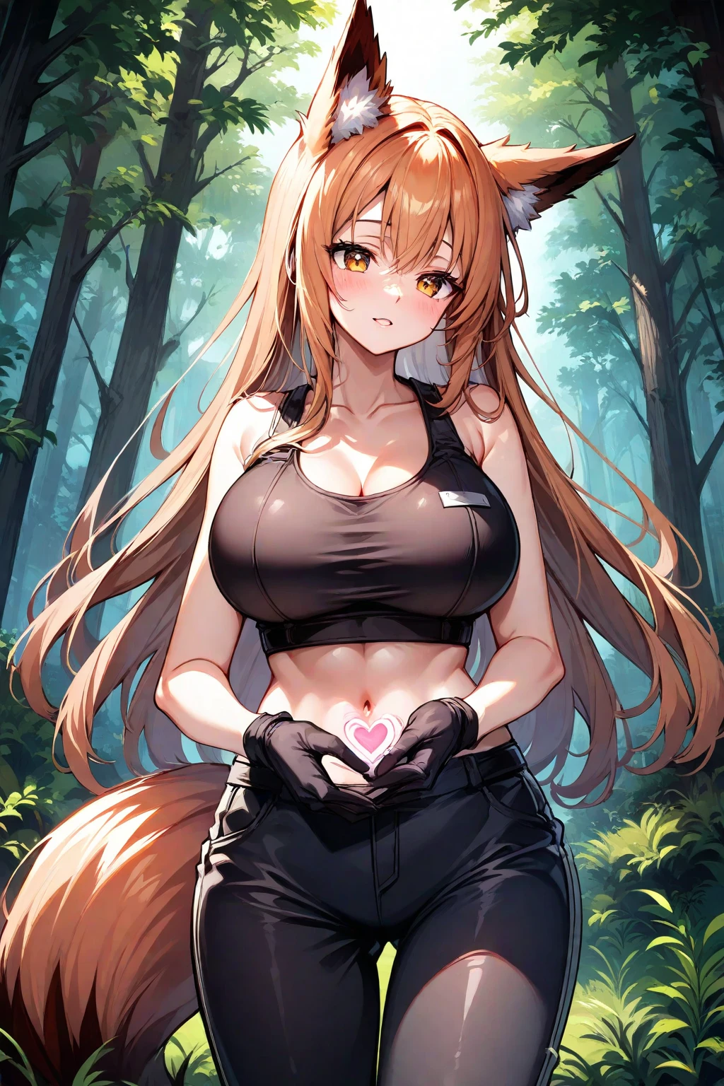 ((Seductive Anime Girl:1.3, solo:1.5))、((fusion of cat and girl:1.4))、slant eyes、((Shyness:1.3))、glistening teeth、((brown color, leather clothes))、((Being in forest:1.3)), erect nipples、((dynamism pose:1.3))、((open clothes:1.2))、((crop top navel:1.2))、((huge breasts:1.3))、((sideboob))、((huge hip:1.3))、((highleg:1.3))、((wedgie:1.2))、((cleavage:1.2))、((Glossy realistic skin texture))、ultra-detailliert, hiquality, Top image quality, digitial illustration, Smooth texture、shiny skin、((sleeveless:1.2))、Sharp Focus