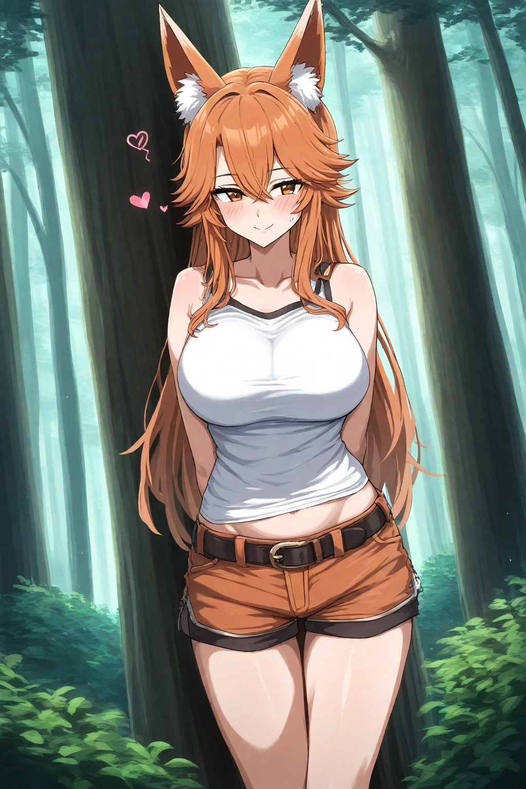 1girl with (((long))) and fluffy ginger hair, big breasts, tall, green eyes, cat ears, cat tail, white t shirt, no pants, zoo aviary, black neck, stand, angry face