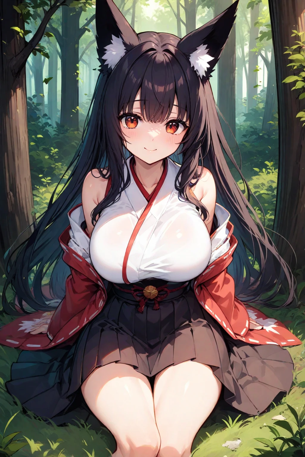 Sword, Japanese sword in hand, Black Long Hair , Chubby curvaceous body, Curly〜Big Tits Undressing, Purple eyes, Pink sky, meadow background, Flowers, Trees with autumn leaves, Chinese dress, no sleeves,Torn dress, Dress torn in battle, Sitting
