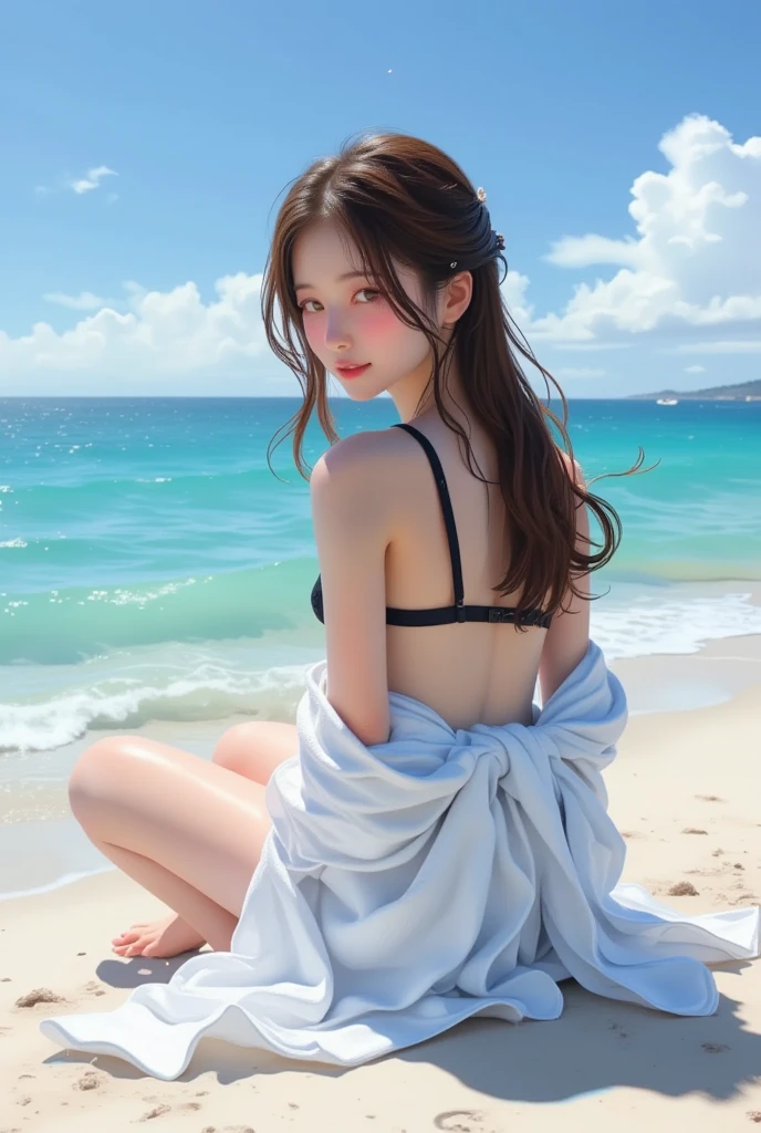 "(((best quality))), (((ultra detailed))), (((masterpiece))), illustration,((1 beautiful young girl,solo)),((slim,thin)),(vibrant pink floral swimsuit:1.3),((bare back,towering hips,butt crack)),(short ponytail:1.2),((shiny skin,sweat,wet)),seaside, summer, joyful, playful, physical features, smooth fair skin, gentle sea breeze, endless azure sky, picturesque backdrop, whiteness of sand, deep blues of the sea, waves crashing, internal turmoil, transformation, standing on the cusp of womanhood, confidence, sexuality, metaphorical plunge, next chapter of life,significance of the moment, beauty of the seaside, celebration of youth, excitement of summer ahead,((from back,upper body))