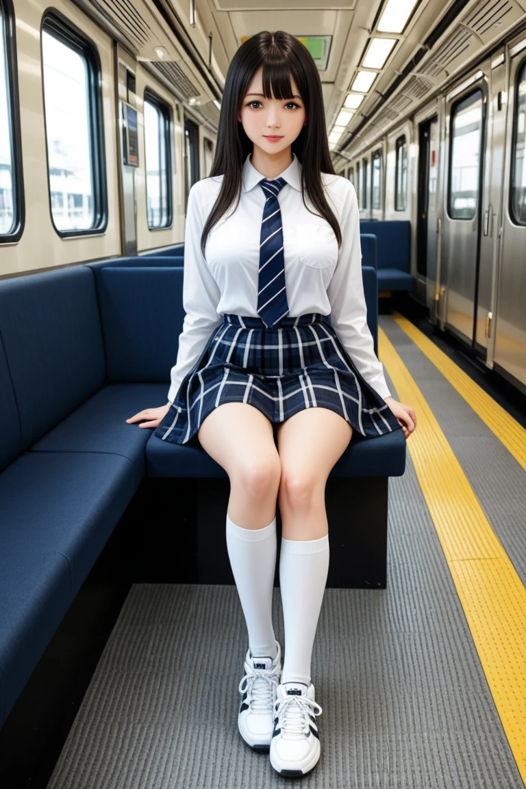 "(Masterpiece, High Definition, Ultra High Definition, 4K) Black hair, 14 years old Japan girl, uniform skirt, emphasizing thighs, white thighs, soft thighs, glossy thighs, sitting on the train, face-to-face angle, (angle from below),sitting in the train seat,Sitting in front,Zoom camera in the crotch,Feet on the train floor,Full body,Looking down and sleepy,Looking at the viewer only", best quality, ultra high definition, (photorealistic:1.4),, high resolution, detail, raw photo, sharp re, Nikon D850 film stock photo by Lee Jefferies 4 kodak portra 400 camera f1.6 lens rich colors hyper realistic lively textures dramatic lighting unreal engine artstation trends cinestir 800,Hold iphone 14,Fan bing bing,