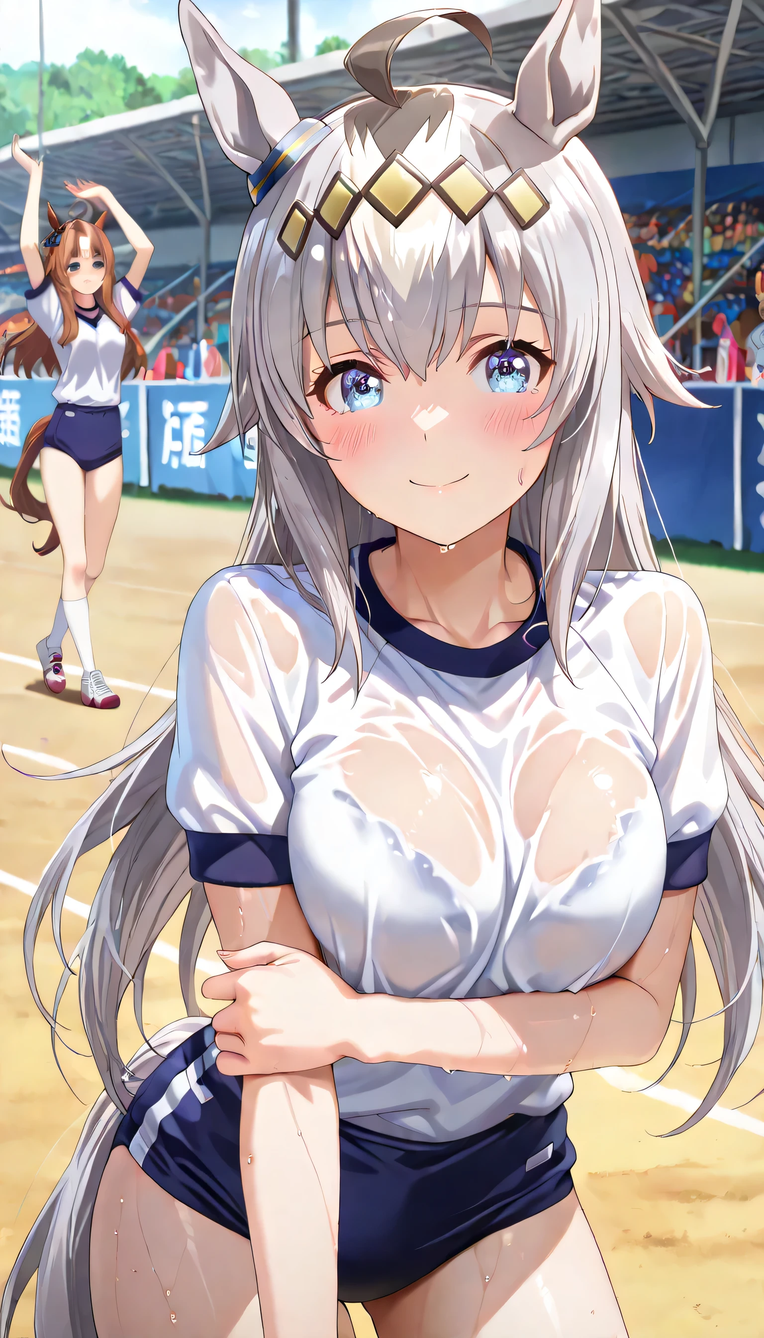 ((ultra-detailed)), (highly detailed CG illustration), (best quality:1.2), ultra-highly detailed, colorful composition, artistic photoshoot, 1girl, solo focus, cowboy shot, moe anime character, girl, dainty facial structure, round face, rounded chin:1.2, short height, Oguri Cap, \(umamusume\), Oguri, long hair, horse ears, grey hair, ahoge, horse tail, blue eyes,multicolored hair, ample breasts, white short sleeve gym uniform with Navy blue rim:1.3, navy blue school gym buruma, sweat:1.2, wet clothes:1.2, smile:1.3, blush:1.3, reached arm, Standing at the racetrackl:1.3, from front:1.2, dynamic pose, contrapposto pose:1.3, best quality, expecting, pink cheek, blush, light pink gloss slip, portrait, depth of field, sparkling sunlight, lighting, backlighting, shine, lighting, caustics, ray tracing, perfect face, lustrous skin, highly detailed face, highly detailed eyes, perfect face, perfect nose, perfect hair, perfect eyes, perfect anatomy, beautiful hair, beautiful small face, extremely detailed face, beautiful detailed eyes, beautiful clavicle, beautiful body, beautiful ample breasts, leavage, breasts squeezed together, equalize the size of the left and right breasts, beautiful thin thighs, beautiful legs, beautiful fingers, (4 fingers), 1 thumb, lovely, (very detailed background:1.0), (highly detailed background:1.0), summer aesthetic, intricate details, festival atmosphere, summer colors palette, chromatic aberration