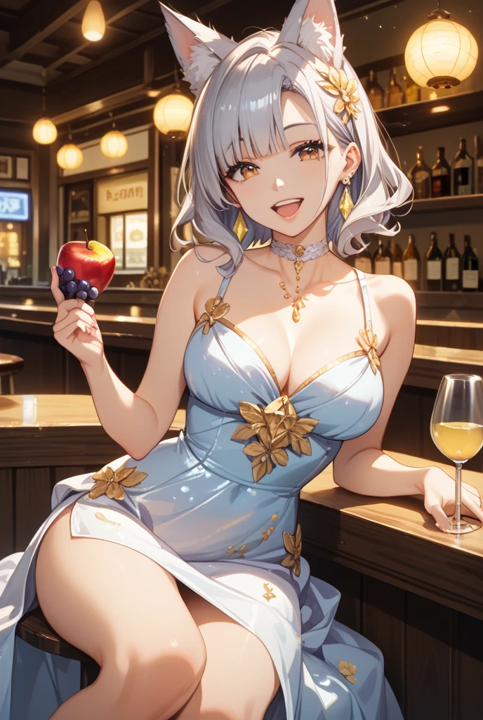 best quality, masterpiece, highres, solo, {essex_azurlane:1.15}, long_hair, breasts, bangs, blue_hair, twintails, ribbon, hair_ribbon, blush, yellow_eyes, large_breasts, black_ribbon, cleavage, necktie, braid, red_necktie, 1girl, bare_shoulders, black_dress, cup, dress, drinking_glass, evening_gown, hair_ornament, holding, holding_cup, jewelry, looking_at_viewer, necklace, official_alternate_costume, halterneck, alcohol, champagne_flute, halter_dress, open_mouth, choker, sleeveless_dress, upper_body