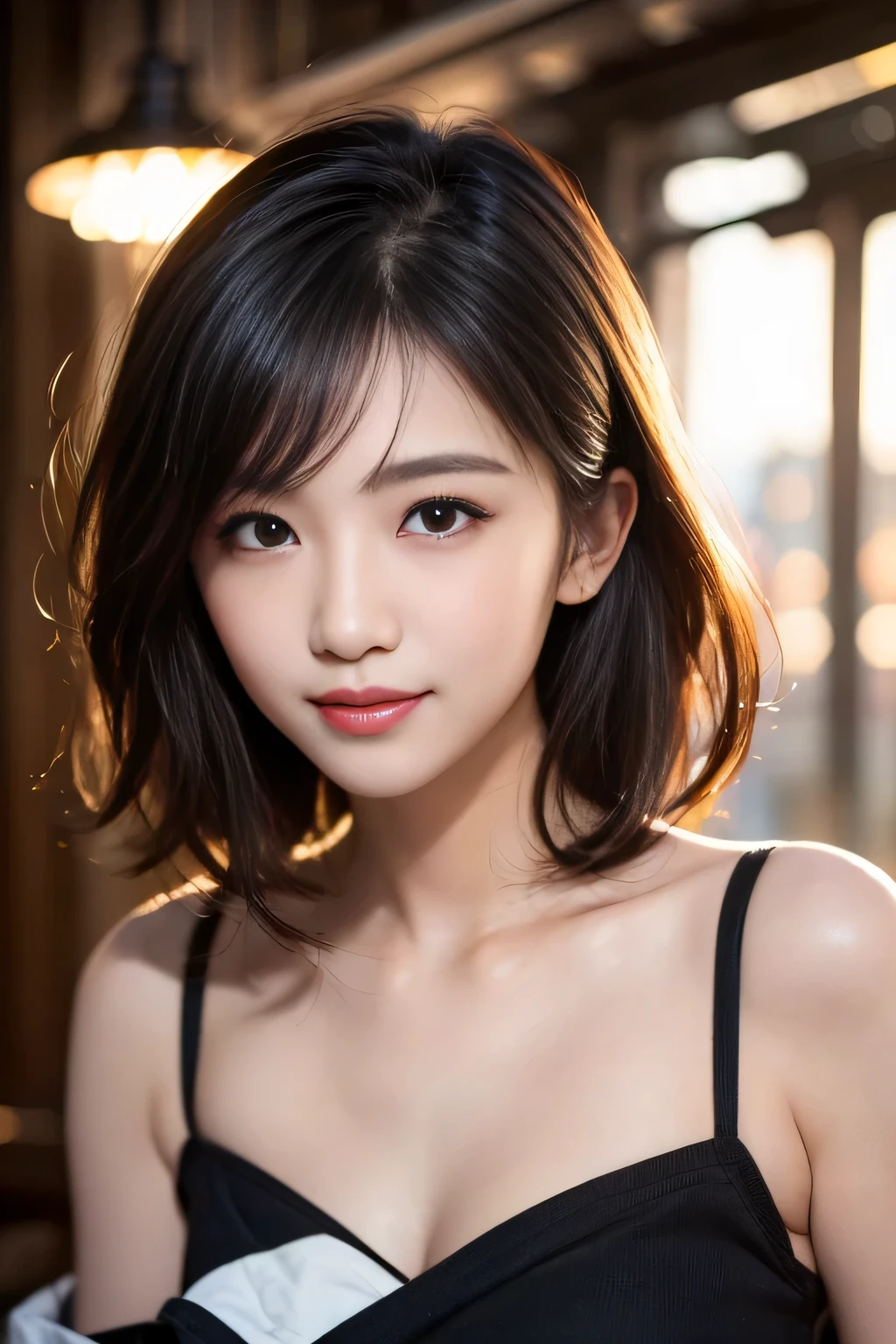 masterpiece, best quality, miranda, (halfbody shot,street lamps,moon),Masterpiece, 1girl, solo exhibition, beautiful woman on the bustling street, surrounded by hawkers, beautiful goddess girl portrait, beautiful and detailed face, porcelain skin, (((bust shot, center, night, black hair, short hair)), super soft lighting, symmetry, complexity, elegance, high detail, realism, art, concept art,