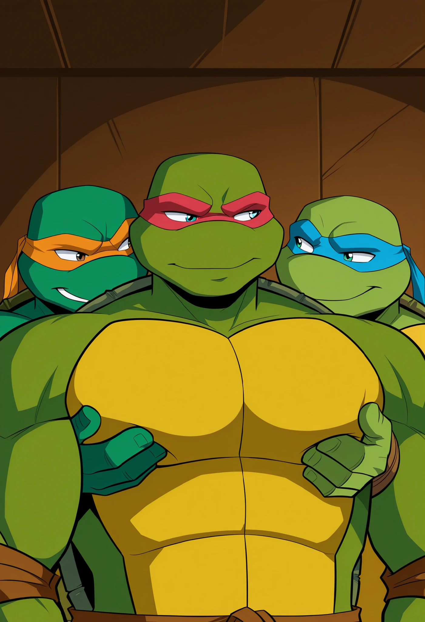 This artwork adopts a style reminiscent of 1980s Saturday morning cartoons, with bold lines, bright colors, and simplified character designs. Four humanoid turtles, the Teenage Mutant Ninja Turtles, stand shoulder-to-shoulder, facing the viewer. They occupy the center of the frame, their green skin and differing bandana colors instantly recognizable. Leonardo, with his blue mask, is positioned slightly to the right, closest to a gray brick wall and a partially visible metal door. Raphael, sporting a red bandana, stands next to Leonardo and just in front of Michelangelo. Michelangelo, known by his orange mask, is directly next to Raphael and to the right of Donatello. Donatello is last in line, recognizable by his purple bandana. Each turtle displays his characteristic color in their arm and leg bands as well as the belts bearing their first initial. They all stand at attention, with a mix of determined and slightly concerned facial expressions, adding a touch of seriousness to the scene. Behind them, the background reveals a muted urban setting with gray brick walls and an almost imperceptible window. The flat, simple background contrasts with the detail of the characters, pushing them into the foreground. Lighting appears to come from directly above and to the left of the turtles. Overall, a typical scene from the classic TMNT cartoon series with a focus on the four main heroes and an urban setting.